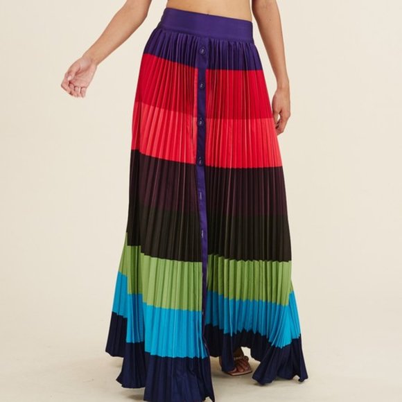 High Waisted Pleated Color Block Maxi Skirt - Picture 1 of 9
